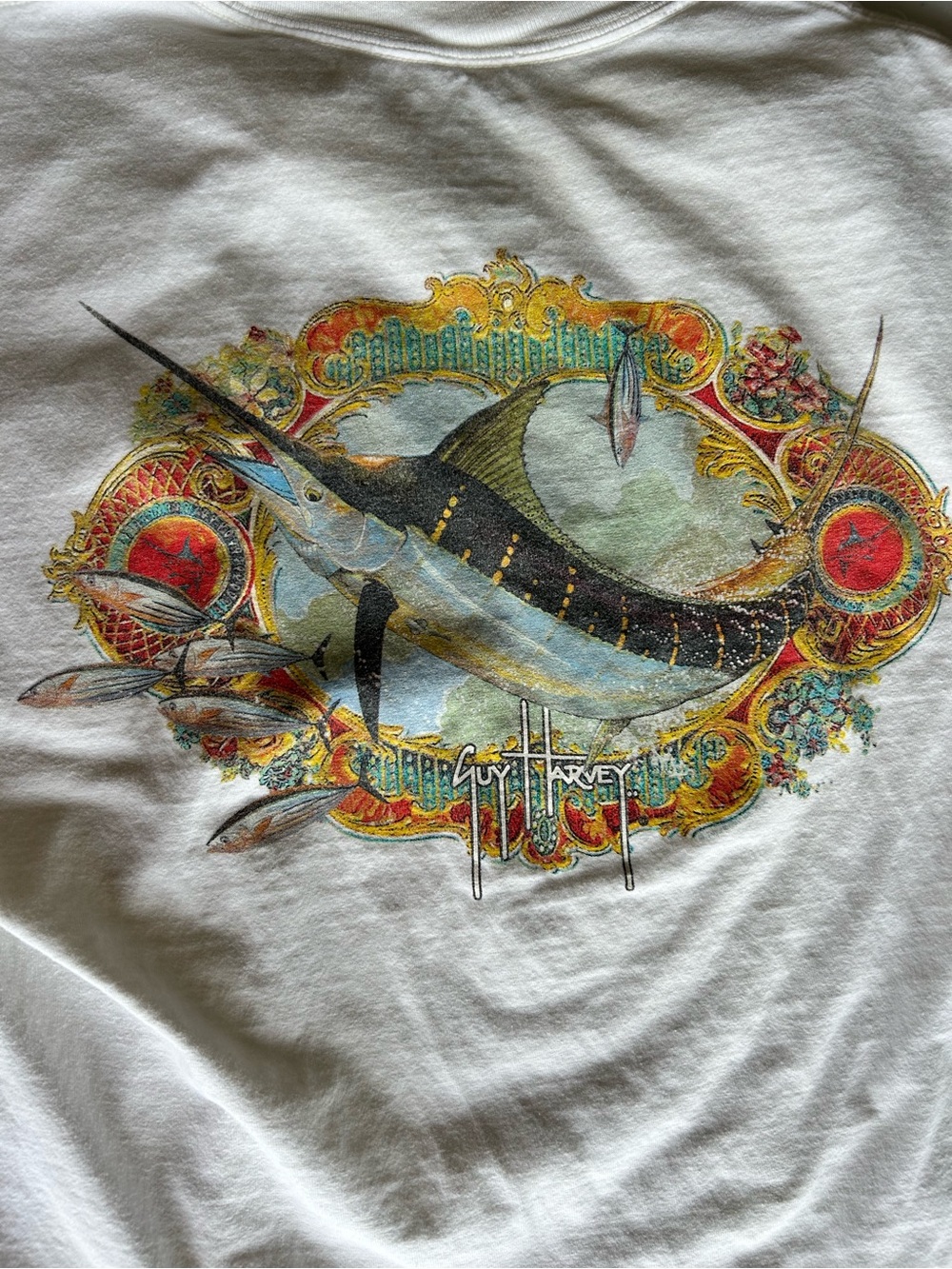 Guy Harvey White Marlin Ornate Frame Pocket Graphic T-Shirt Men's Large White - Picture 4 of 4